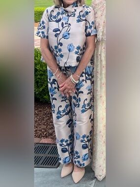 Blue Floral Wide-Leg Pants — Women's Cream Base